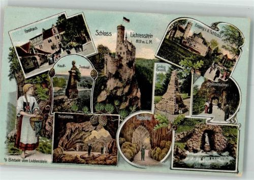 Lichtenstein 1908 Schloss Denkmal Hauff Geolog Pyramide Höhle Tracht s´Bärbele