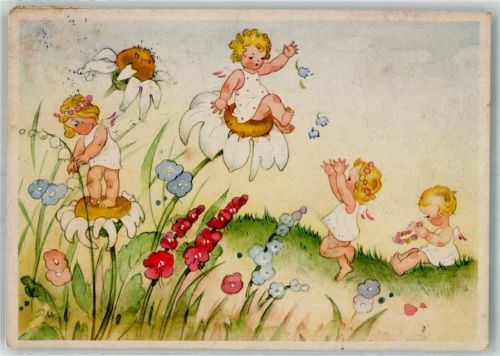 sign. Baron, Charlotte Blonde kleine Elfen in Blumenwiese