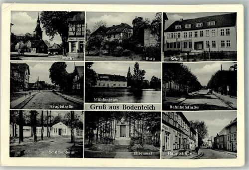 29389 W3123 Bodenteich 1955 Gebrauchsspuren Burg Denkmal Ehrenmal Schützenhaus Marktplatz Notopfermarke Berlin