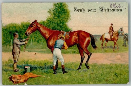 Vorbereitung auf dem Rennplatz Pferderennen 1908 Prägedruck