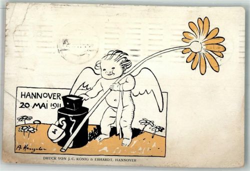 Hannover 1911 Engel mit Blume und Sammelbüchse Künstlerkarte Maschinenstempel