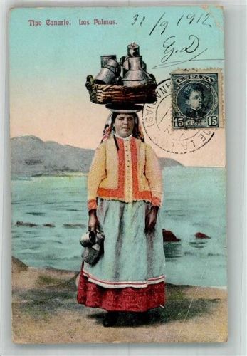 Las Palmas de Gran Canaria 1912 Tracht Frau Briefmarke bildseitig