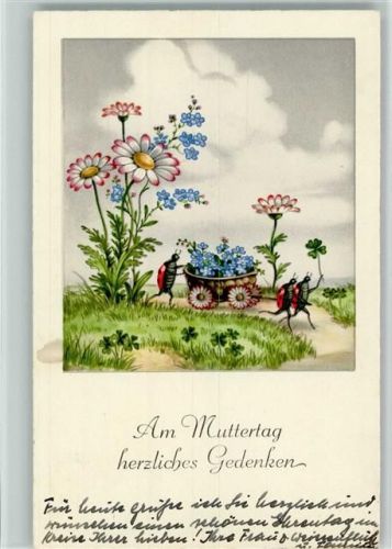 1941 Muttertag - vermenschlichte Käfer ziehen Blüten AK