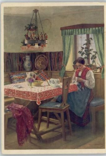 1127 a 7.400 - Werbung - Farben für Stoffe Mode - Sticken - Künstler sign Schuster ca 1935 AK