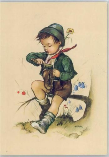 Serie 909-2 Kind beim Schuhe putzen Hilde (Künstler) Künstlerkarte