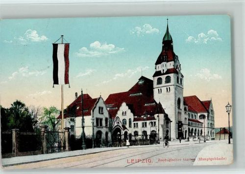Leipzig Zool. Garten, Hauptgebäude, Fahnenstange , Radfahrer 1913 AK