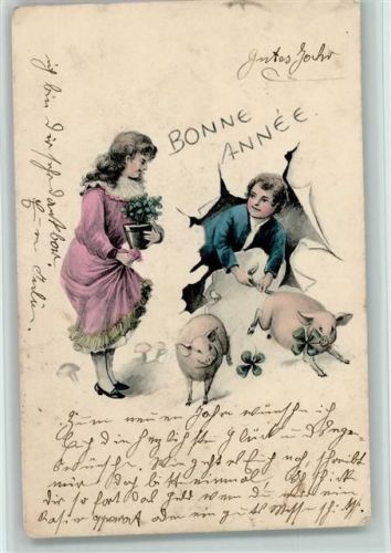 Bonne Anne - Neujahr - Kinder kommen durch die Postkarte und fangen Schweine 1904 AK Fotomontage