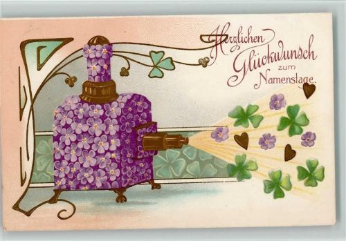 Namenstag - Litho Jugendstil Ofen aus Veilchen Geld auf AK 1906 Prägedruck