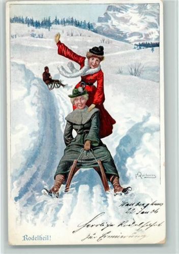 1900 Serie Wintersport Nr. 5 AK Schlittenfahrt der Damen - Rodelheil