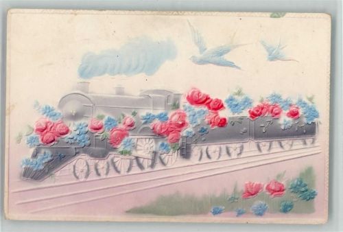 Eisenbahn mit Rosen und Vergißmeinnicht