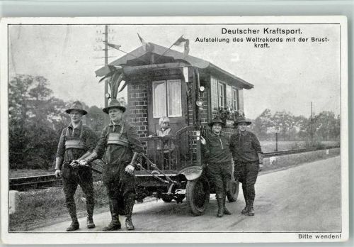 Dt. Kraftsport - Zwei Rheinländer aus Köln ziehen mit der Brust 1320 Kilo durch Europa 1930 AK Rekord