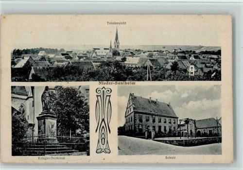 Nieder-Saulheim 1919 Kriegerdenkmal, Schule, Teilansicht, AK