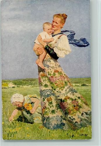 Dresden Margarittentag 1911 , sign Bautzer - Mutter und Kinder pflücken Blumen auf der Wiese