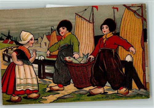Serie von J. Wells - Hollandkinder - Fischerkinder - Edition de la Poudre et des Cigarettes, Abyssinie Exibard , gute Erhaltung AK Zigarette Künstlerkarte