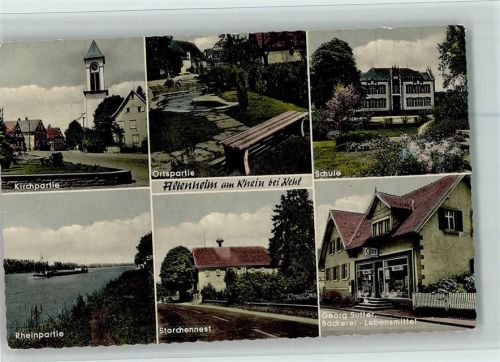 Altenheim Altenheim am Rhein bei Kehl, Kirchpartie, Ortspartie, Rheinpartie, Schule, Storchennest, Bäckerei Georg Sutter