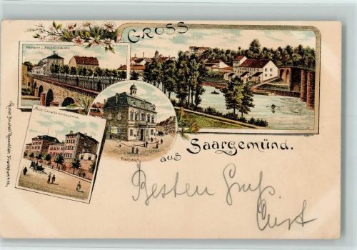 Sarreguemines Gruss aus - Lothringen - Saargemünd , Kunstanstalt Rosenblatt - Kaserne, Post, Rathaus