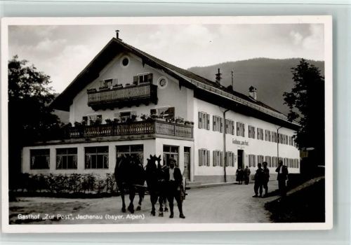 83676 W8171 Jachenau Foto AK Gasthof zur Post, Pferdegespann, sehr gute Erhaltung AK