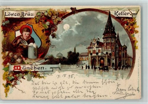 W8000 München Gruss aus - gute Erhaltung AK Löwenbräukeller 1898 Lithographie / Mondschein