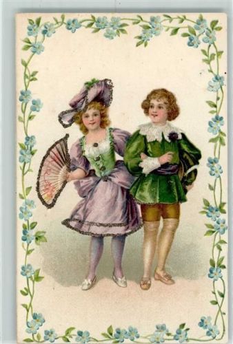 1903 AK mit Glimmerauflage Mittelalter Kinder Fächer Vergissmeinnicht