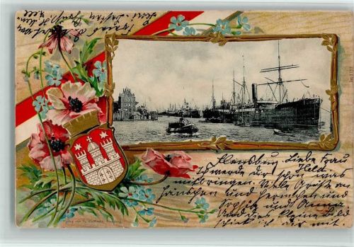 W2000 Hamburg Hafen Pflanzen Lithographie / Prägedruck