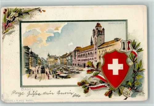 Basel 1901 Marktplatz Lithographie/Prägedruck
