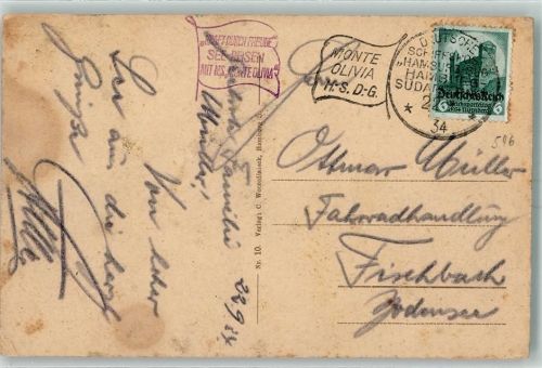 Flaggenstempel KdF See Reisen MS Monte Olivia 22.9. 1934 Hasmburg-Süd Hamburg Südamerika