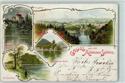 Mittweida 1899 Mittweidaer Schweiz Ringethal Schloss Kriebstein Raubschloss Lauenhainer Mühle Litographie