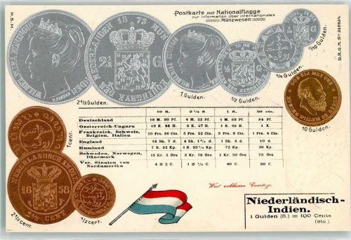 Münzen auf AK Nationalflagge Niederländisch-Indien
