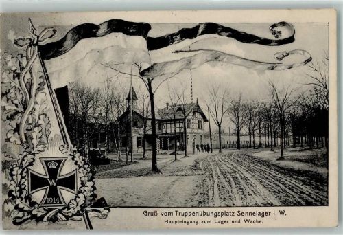 Sennelager 1915 Truppenübungsplatz Haupteingang Lager und Wache Eisernes Kreuz Flagge WK I