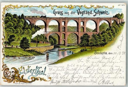 08543 O9903 Jocketa 1898 Lithographie Eisenbahnviadukt Elsterthal Dampfzüge Bahnpost Leipzig-Hof Zug 212