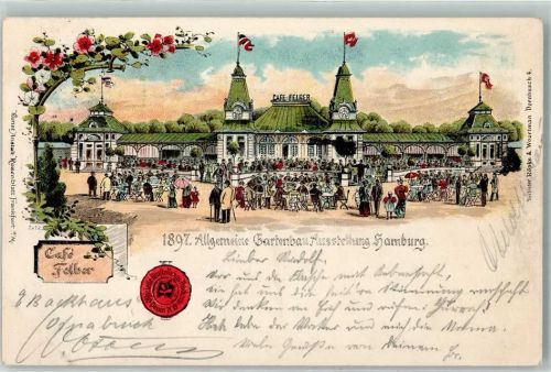 W2000 Hamburg Cafe Felber Offiz. Karte Nr. 13 und SST Gartenbauausstellung Lithographie