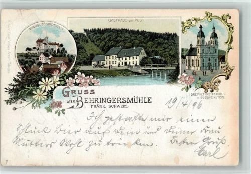 91327 W8556 Behringersmühle 1896 Gebrauchsspuren Schloss Gössweinstein Gasthaus zur Post Dreifaltigkeitskirche in Gössweinstein Lithographie