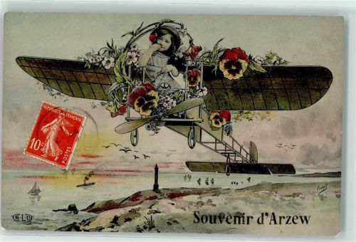 Bethioua Souvenir d`Arzew Mädchen Stiefmütterchen Blumen AK Glückwunsch Flugzeug 1911 Fotomontage AK