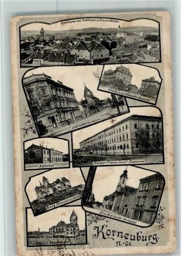 Korneuburg 1908 Mini-Bilder - Bahnhof, Kaserne, Burg, Albrechtstr. AK Fleckig