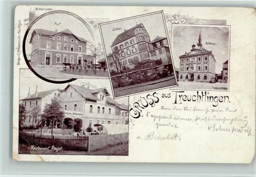 Treuchtlingen 1899 Gruss aus - Schloß, Postamt, Restaurant Poujol, Rathaus , Eckknick AK