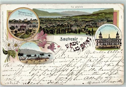 Aix-les-Bains 1898 Etablissement thermal et Arc de Campanus Lac du Bourget Ed. Casino Villa des Fleurs Lithographie