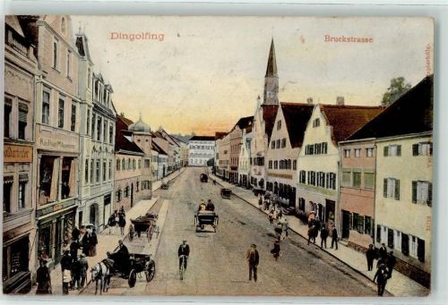 84130 W8312 Dingolfing 1908 - Bruckstraße Fuhrwerke Kutsche Fahrrad
