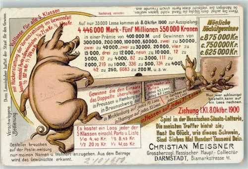 Darmstadt 1900 Hessische Staats-Lotterie Schwein Kegeln Lithographie AK