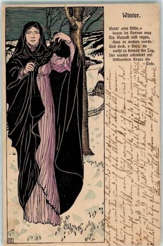sign. RE Frau mit schwarzem Umhang in verschneiter Landschaft Winter-Gedicht Winterlitho 1907 Lithographie / Künstlerkarte