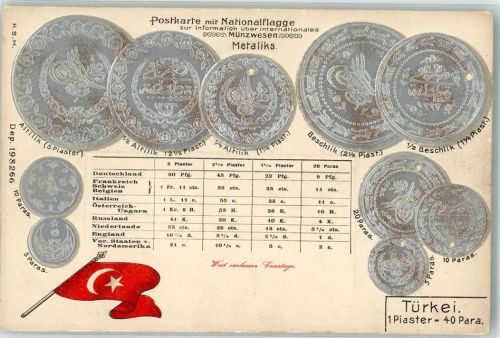 Münzenkarte und Nationalflagge Münzabbildungen Geld auf AK Lithographie