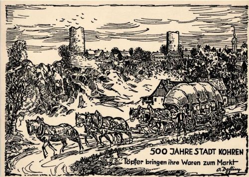 Kohren-Sahlis 500 Jahre Stadt Kohren Töpfer bringen Ware zum Markt sign. Delling