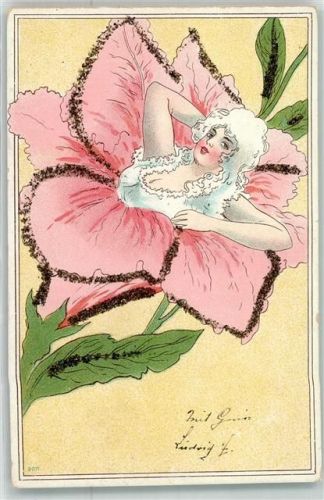 1900 Frau erwacht in einem Blütenkelch mit Glimmer - Glitzerauflage