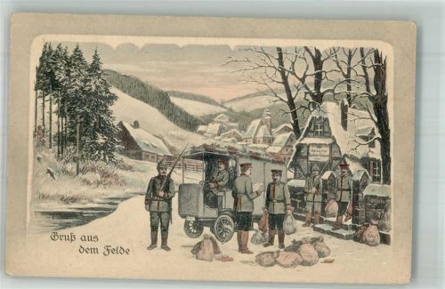 Feldpoststelle im Winter Anlieferung von Paketen Feldpost WK I / WK II 1914 Künstlerkarte