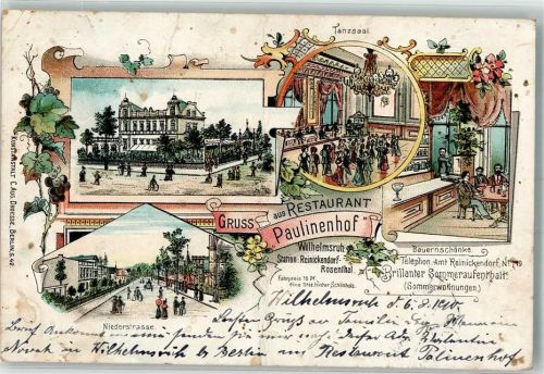 Rosenthal 1900 Gasthaus Paulinenhof Wilhelmsruh Tanzsaal Niederstraße Bauernschänke Lithographie Mittelbug