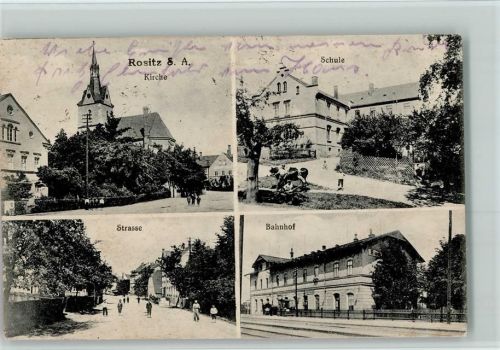 Rositz 1922 Schule, Strasse, Bahnhof AK