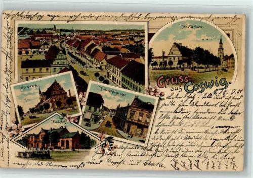 Coswig Gruss aus - Bahnhof mit eisenbahn, Marktplatz, AK