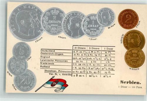 Münzenkarte und Nationalflagge Münzabbildungen Geld auf AK Lithographie Motiv Serbien Prägedruck