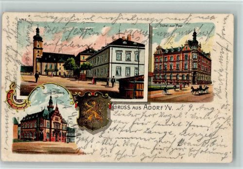 Adorf 1905 Gruss aus - Hotel zur Post, Rathaus , Wappen, Kunstanstalt Rosenblatt