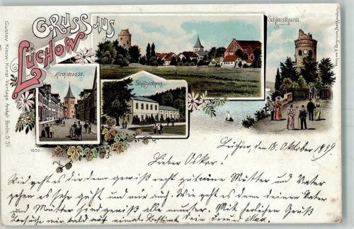 Lüchow 1899 Kichstraße Schützenhaus Schlossturm Lithographie