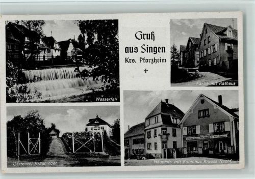 Singen 1943 Wasserfall, Gärtnerei Bräuninger, Kaufhaus Krauss AK